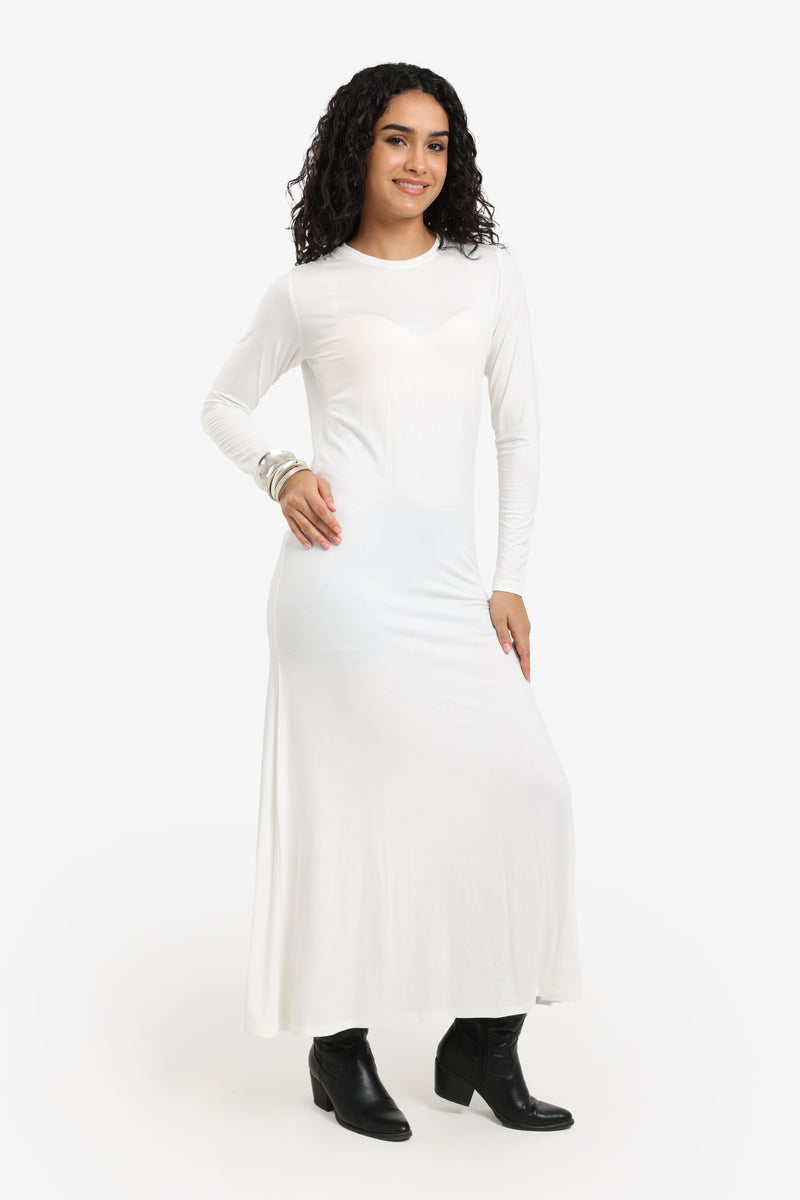Viscose Blend Plain Knitted Long Dress – Off White