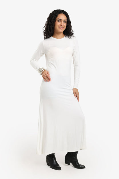 Viscose Blend Plain Knitted Long Dress – Off White
