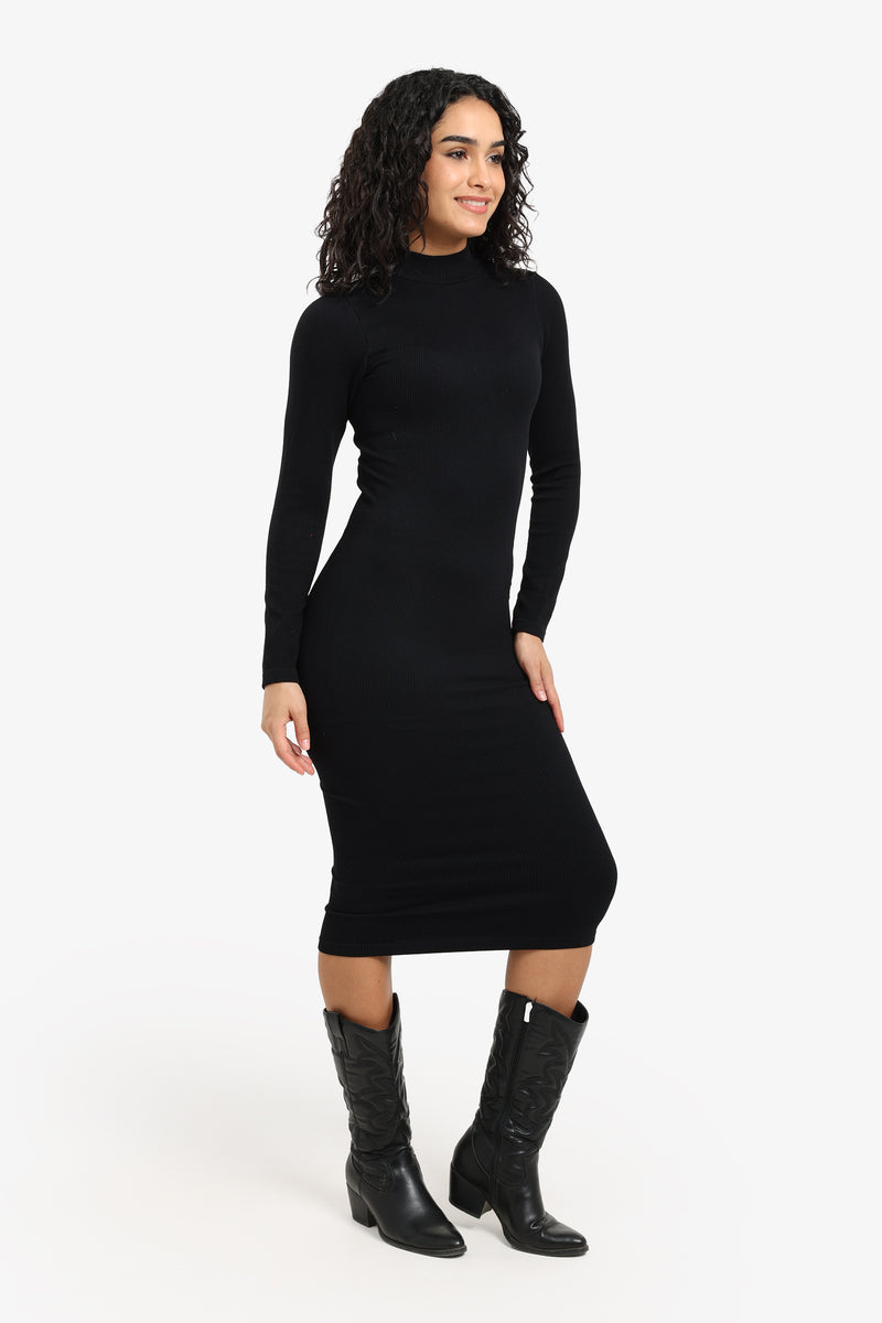Microfiber Ribbed Midi Dress – Black