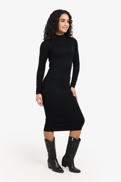 Microfiber Ribbed Midi Dress – Black