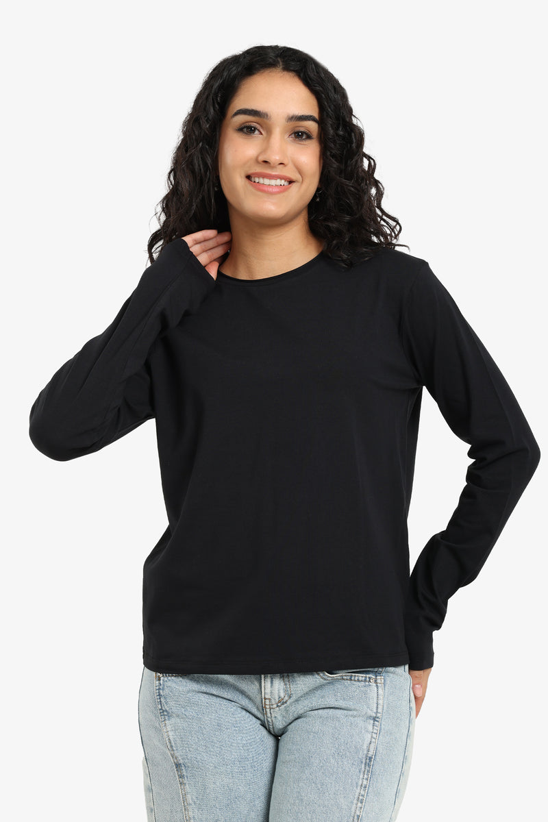 Solid Crew Neck Long Sleeve T-Shirt – Black