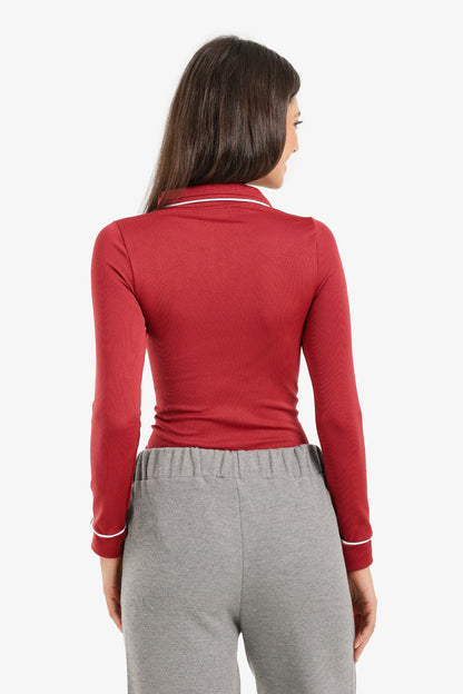 Polyamide V-Collared Long Sleeve Polo – Light Burgundy