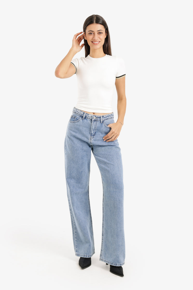 Cotton Denim Straight-Cut Pants – Light Blue