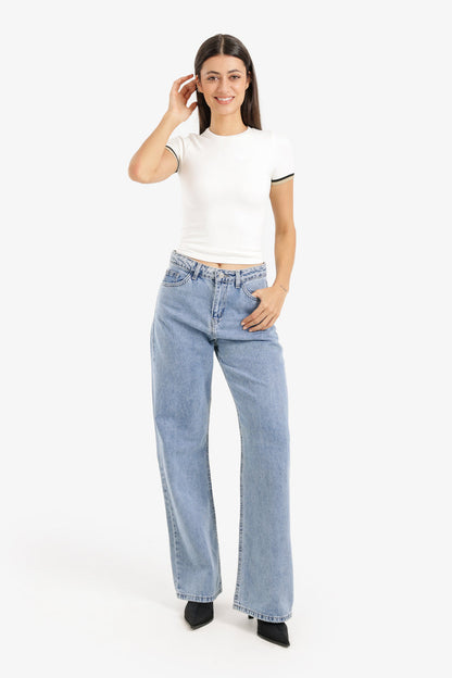 Cotton Denim Straight-Cut Pants – Light Blue