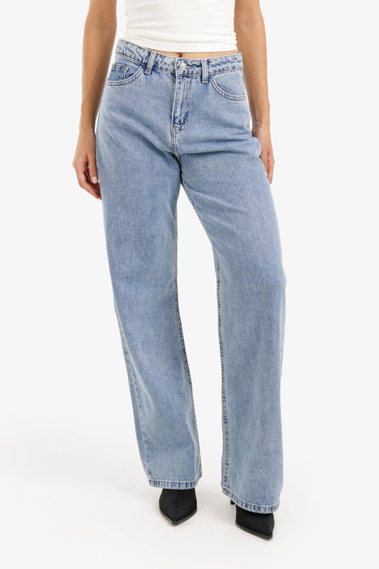 Cotton Denim Straight-Cut Pants – Light Blue