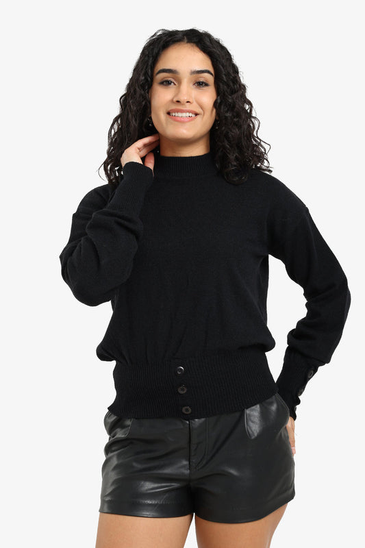 Polyamide Solid Button Detail Pullover – Black