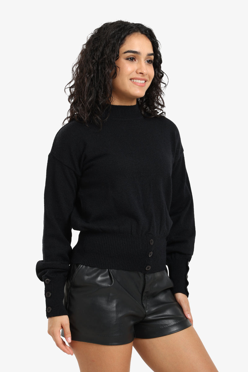 Polyamide Solid Button Detail Pullover – Black