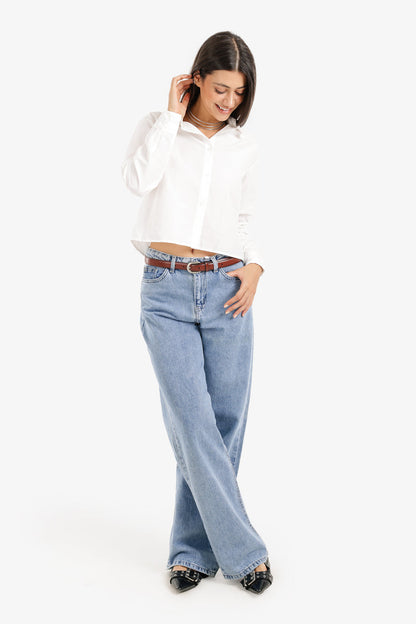 Cotton Cropped Button-Up Shirt – White