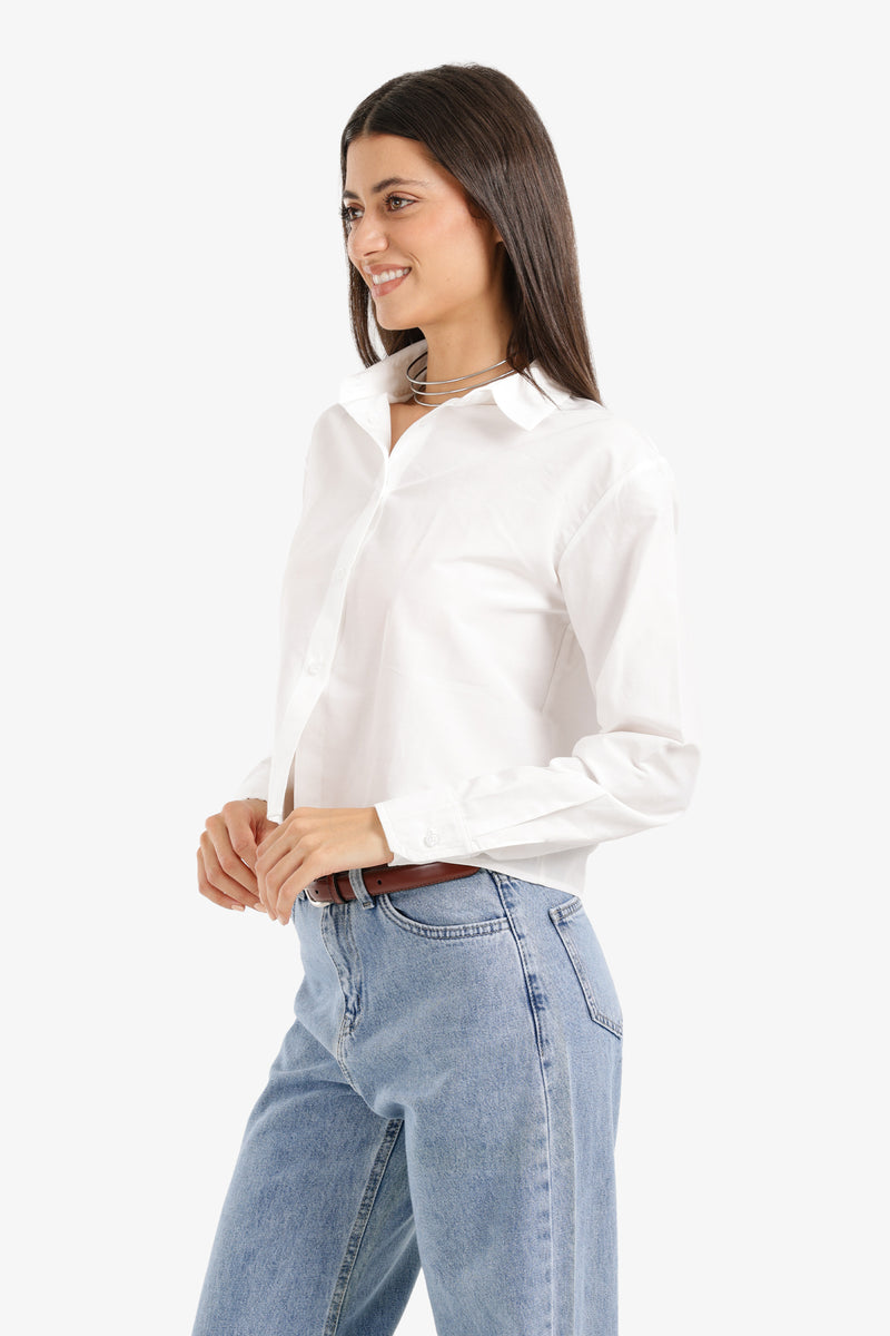 Cotton Cropped Button-Up Shirt – White
