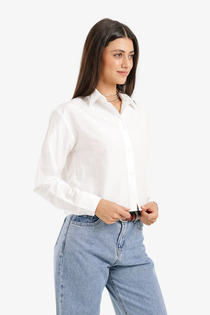 Cotton Cropped Button-Up Shirt – White
