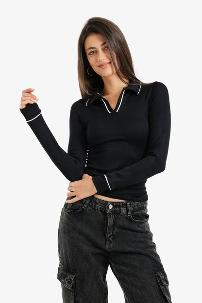 Polyamide V-Collared Long Sleeve Polo – Black