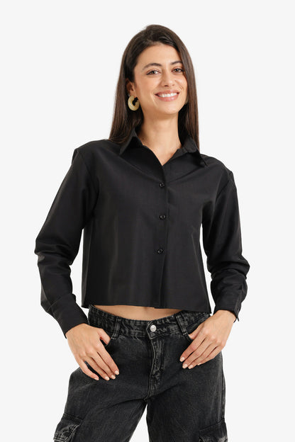 Cotton Cropped Button-Up Shirt – Black