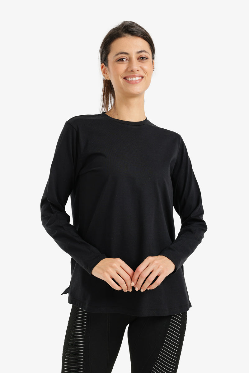 Solid Side Slit Long Sleeve T-Shirt – Black