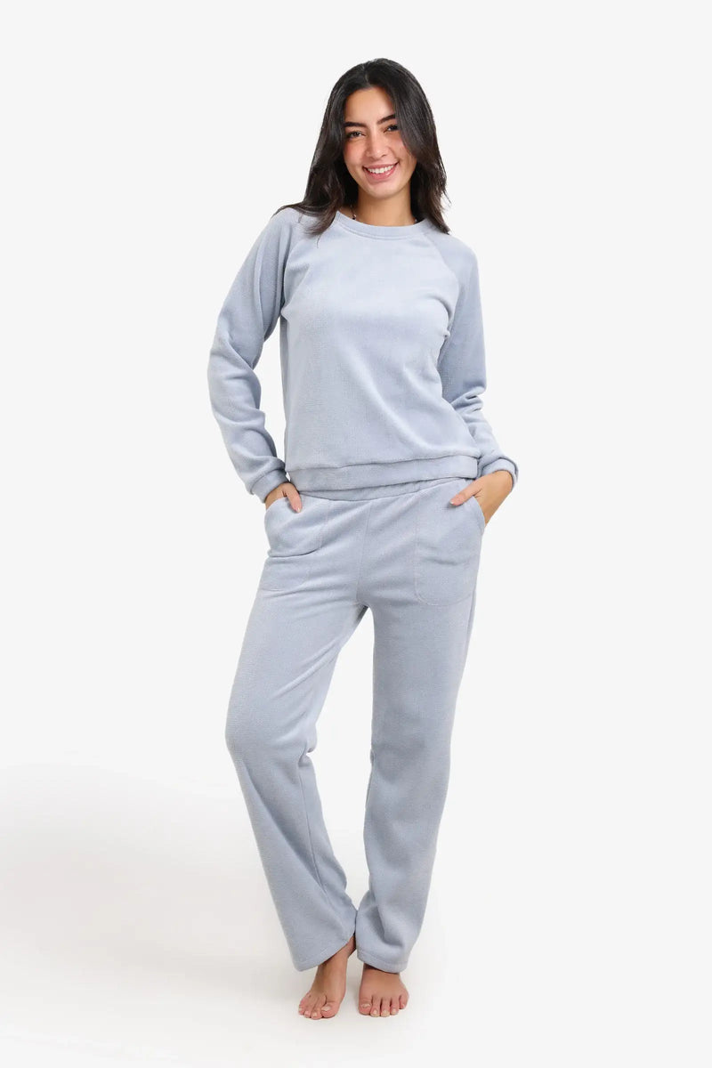 Velvet Textured Pajama Set – Pastel Light Blue