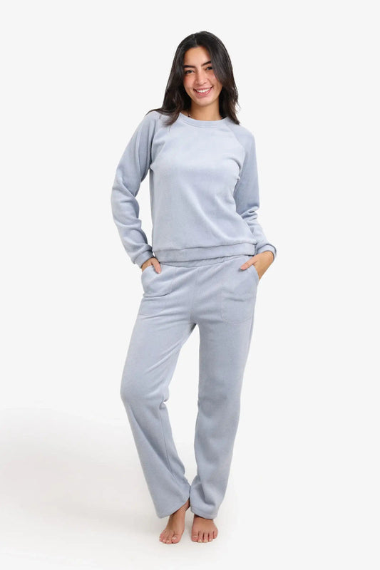 Velvet Textured Pajama Set – Pastel Light Blue