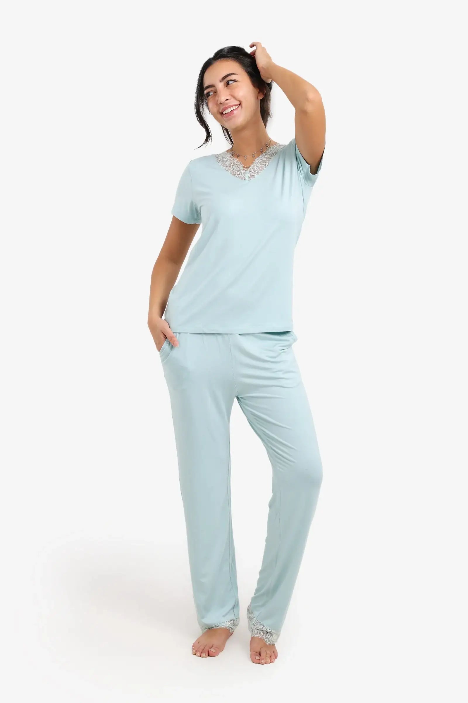 Solid Lace Trim Pajama Set – Light Aqua