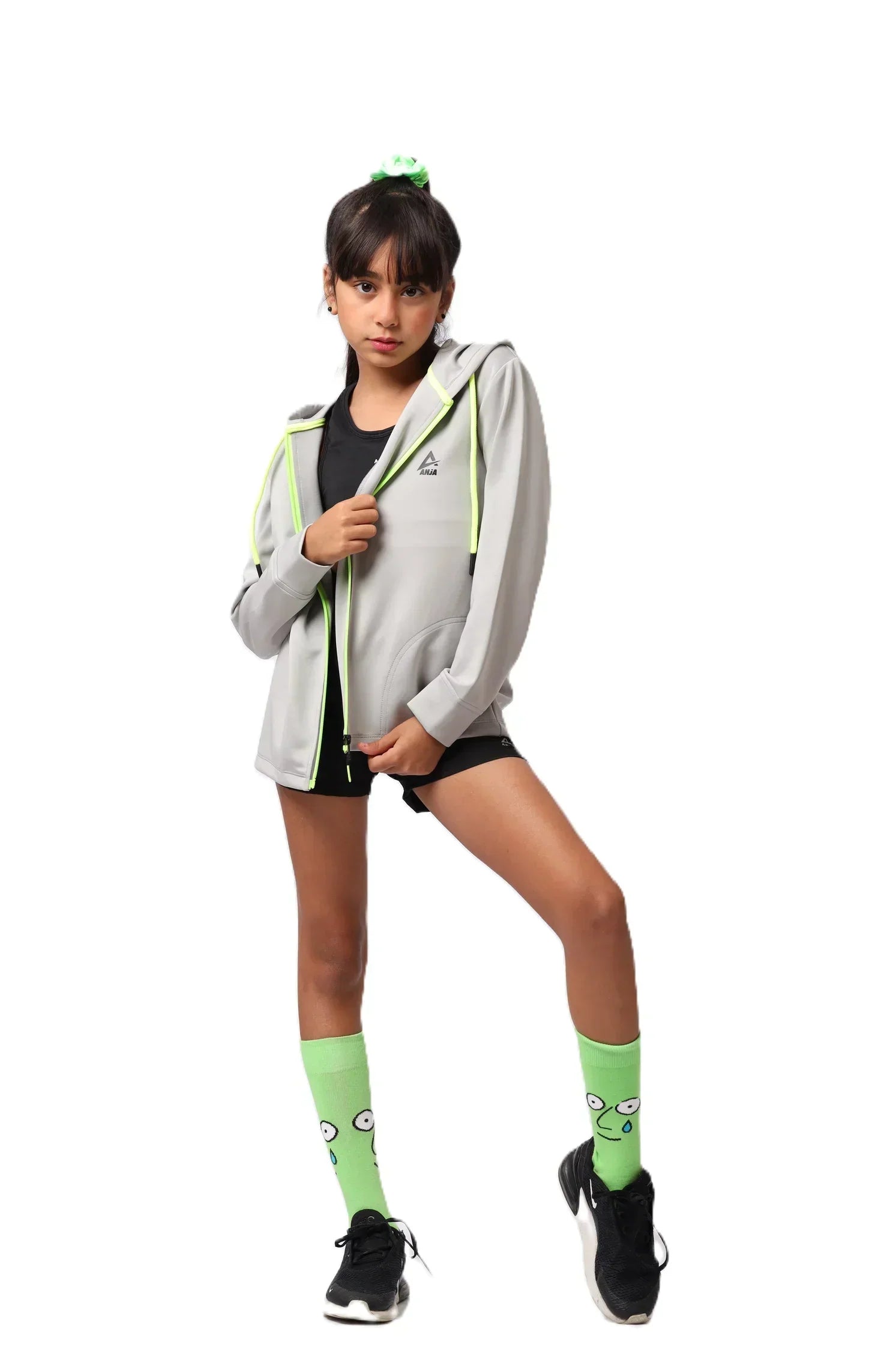 Contrast Zip-Up Hoodie - Grey & Green