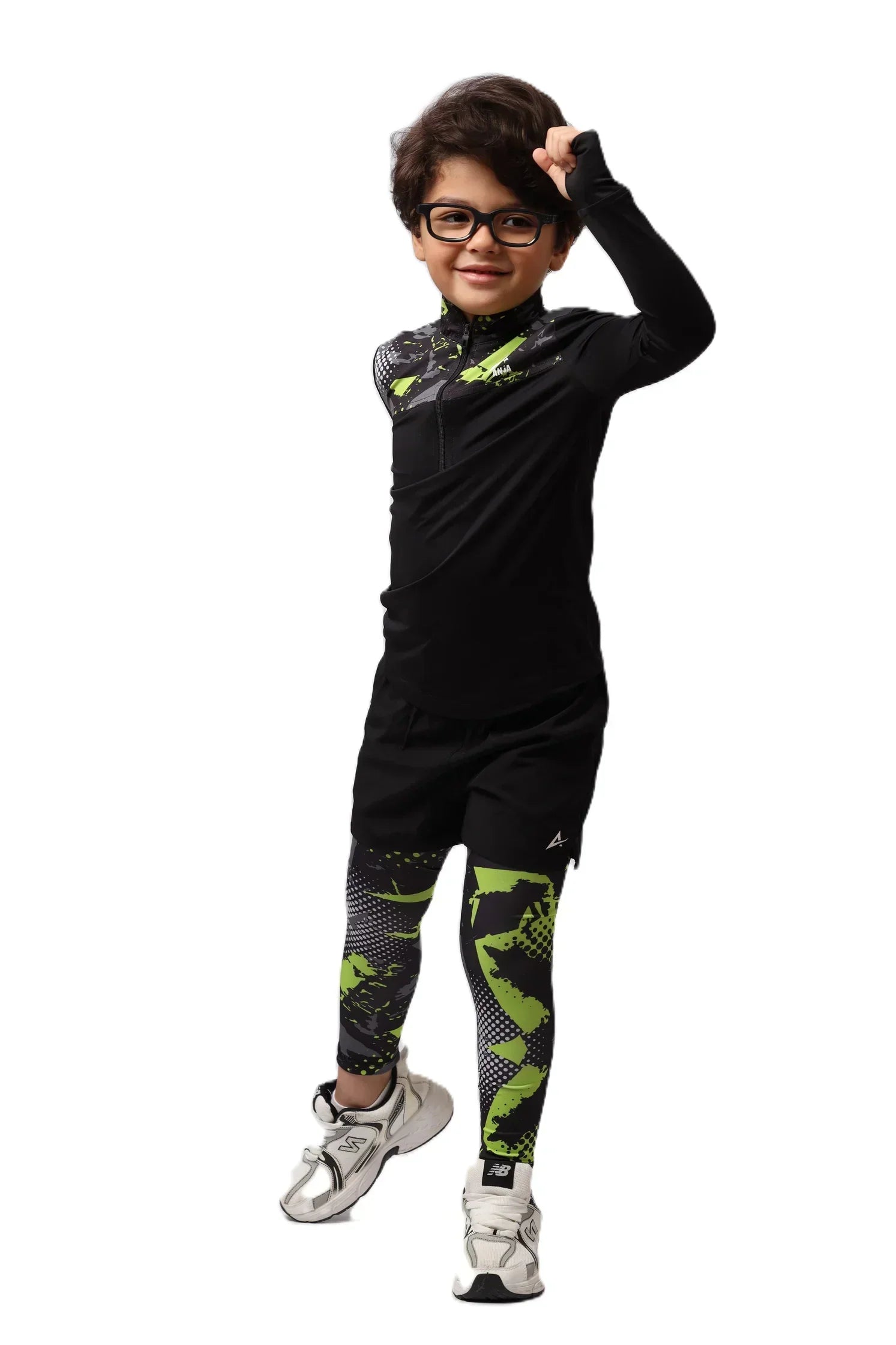 Abstract Print Quarter Zip Sport Top - Black & Green