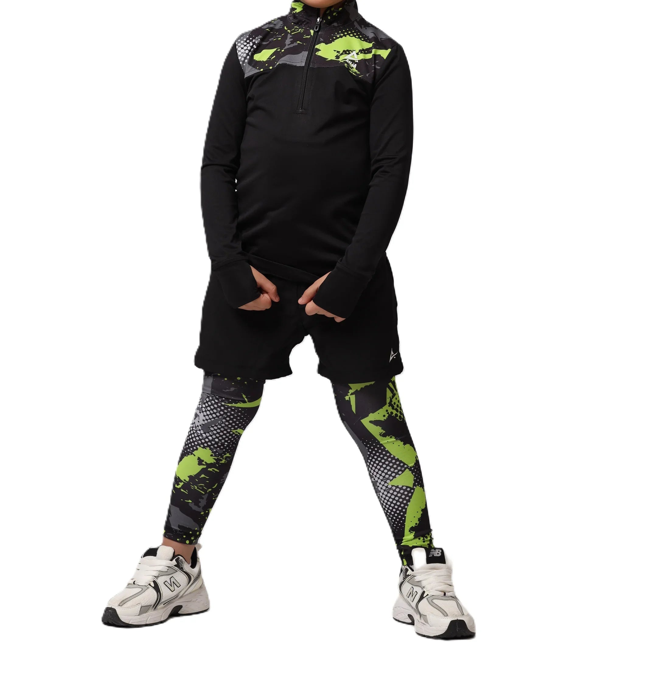 Abstract Print Quarter Zip Sport Top - Black & Green