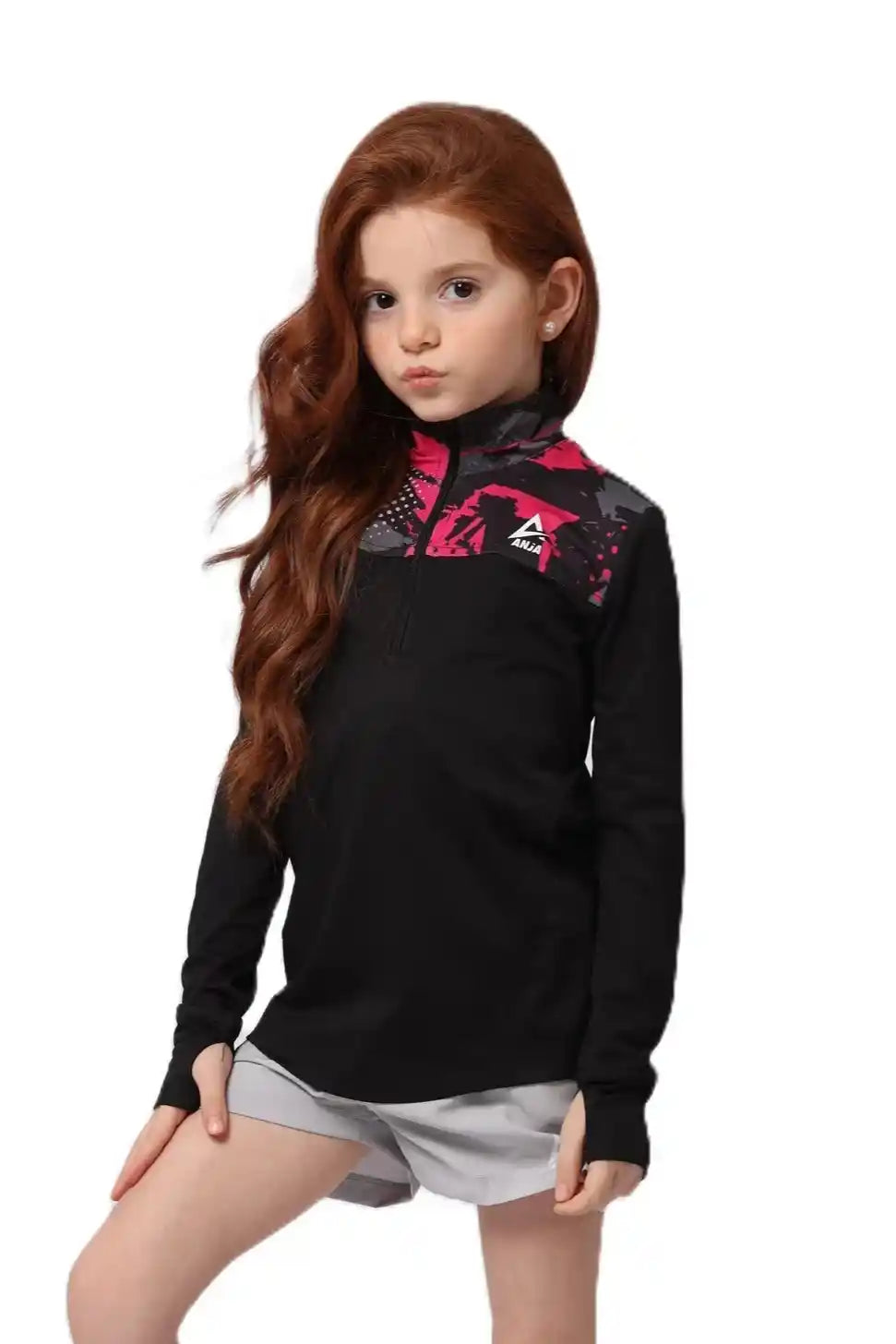 Abstract Print Quarter Zip Sport Top - Black & Pink