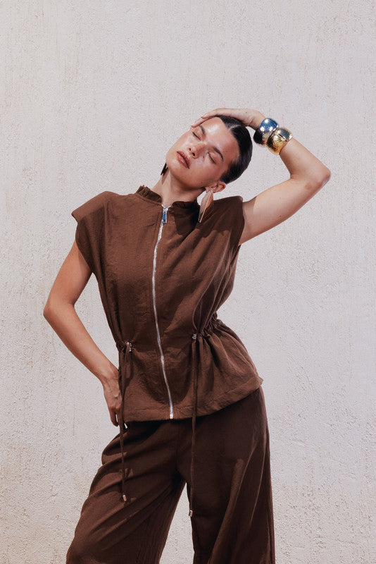 Textured Drawstring Zip-Up Top – Dark Brown