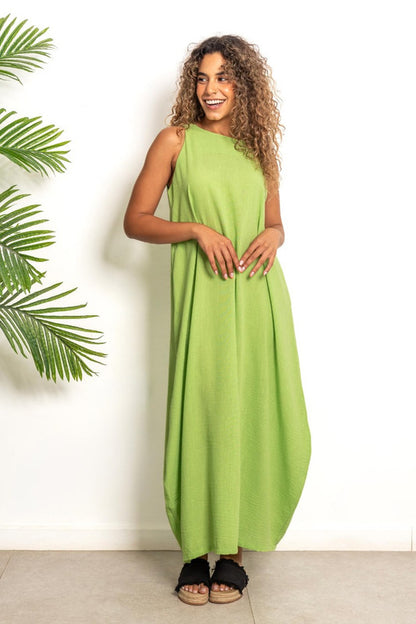 Cotton Lycra Long Linen Dress – Apple Green