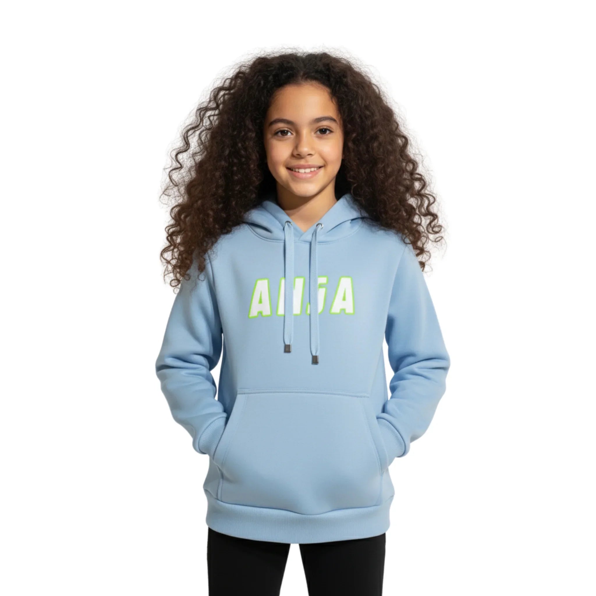 Graphic Logo Kangaroo Pockets Hoodie - Light Blue