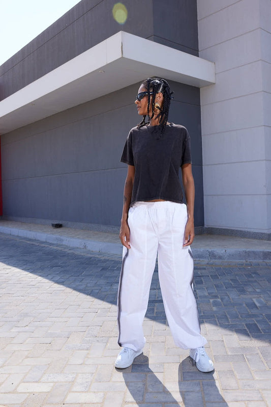 Parachute Pants In White "Black Lines"