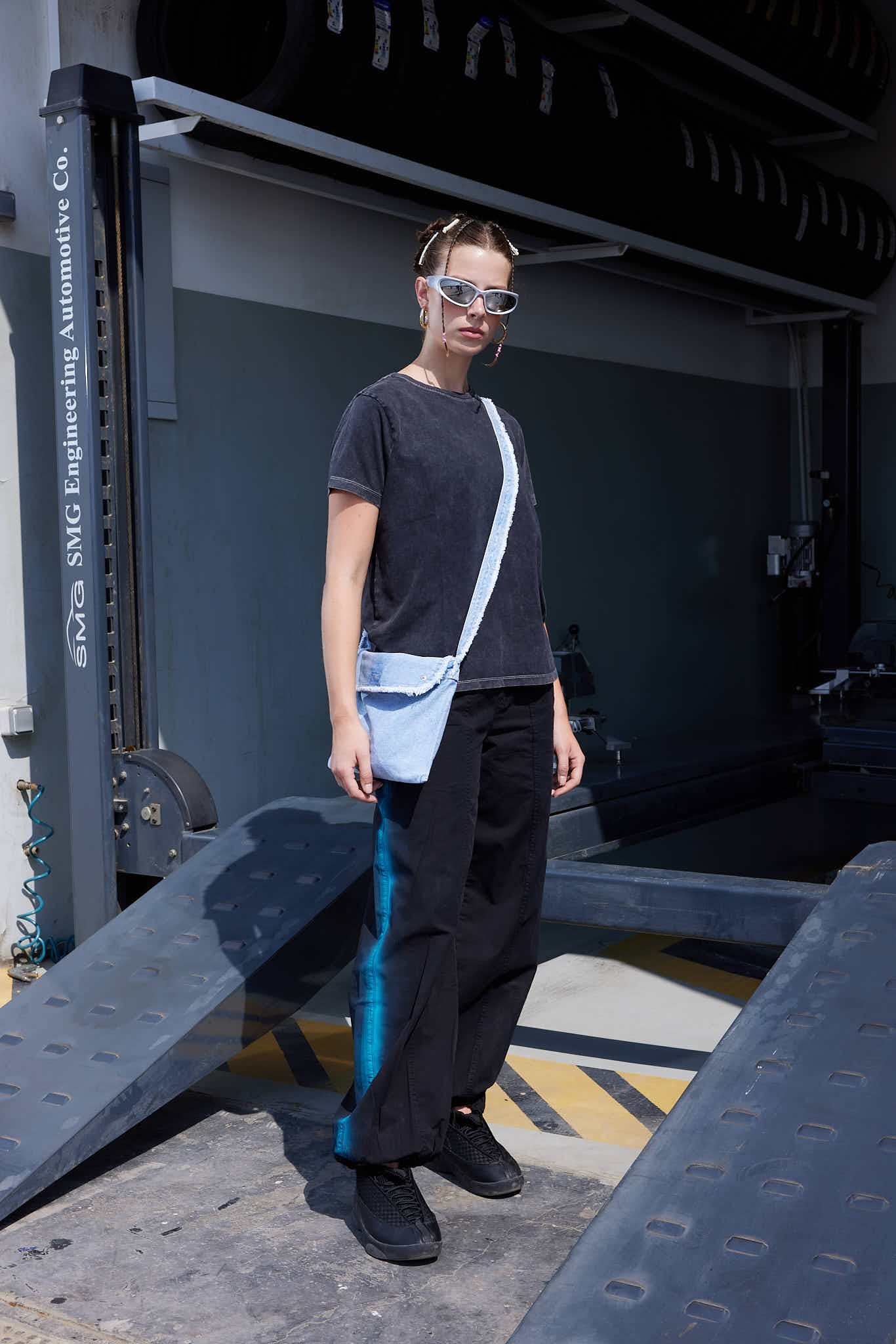 Parachute Pants In Black "With Blue Lines"