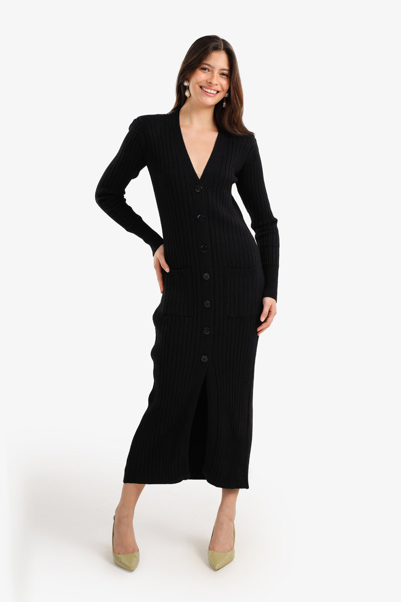Polyamide Blend Ribbed Button-Up Midi Dress – Black