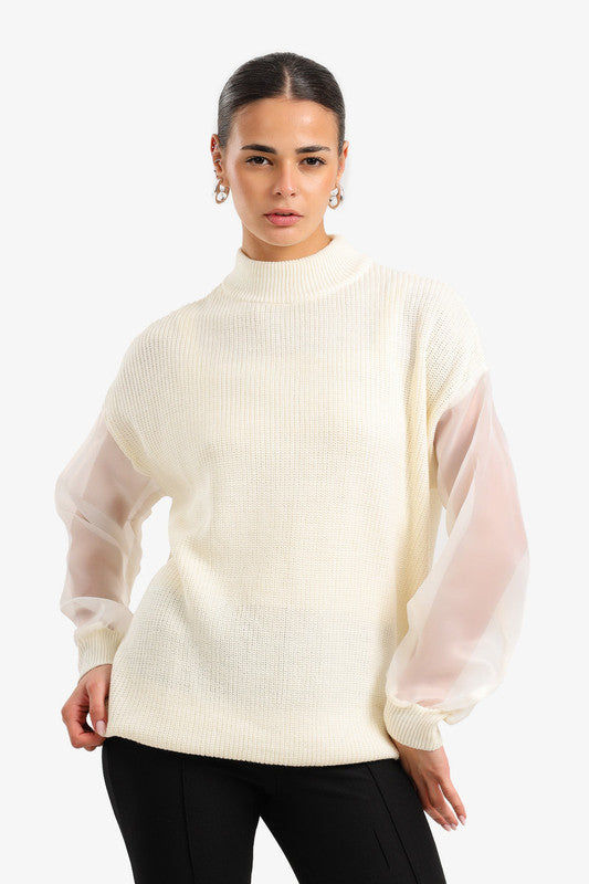 Ribbed Contrast Sheer Sleeve Knit Pullover – Off White