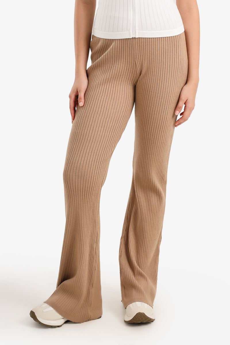 Polyamide Ribbed Flared Pants – Beige