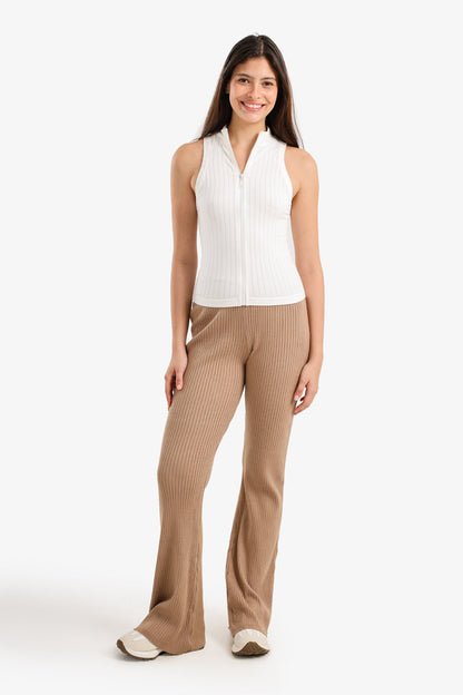 Polyamide Ribbed Flared Pants – Beige