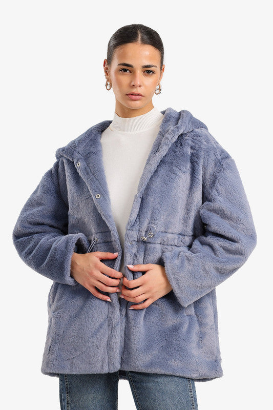 Plain Hooded Faux Fur Coat – Dusty Blue