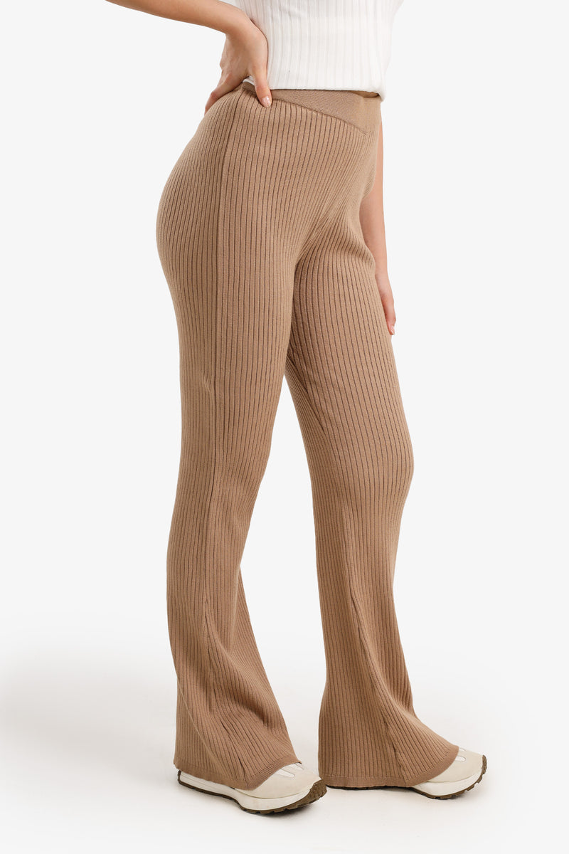 Polyamide Ribbed Flared Pants – Beige