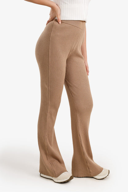 Polyamide Ribbed Flared Pants – Beige