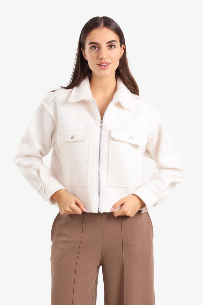 Fleece Solid Cropped Jacket – Off White