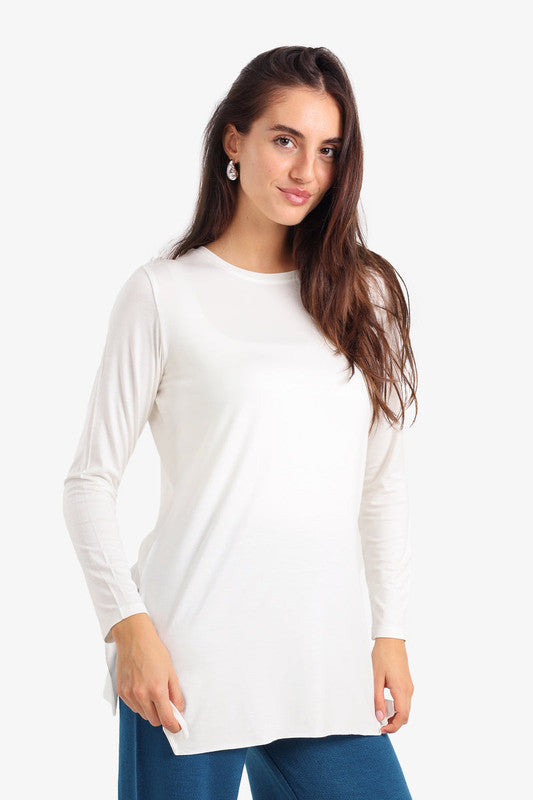 Relaxed Fit Crew Neck T-Shirt with Side Slits – Off White