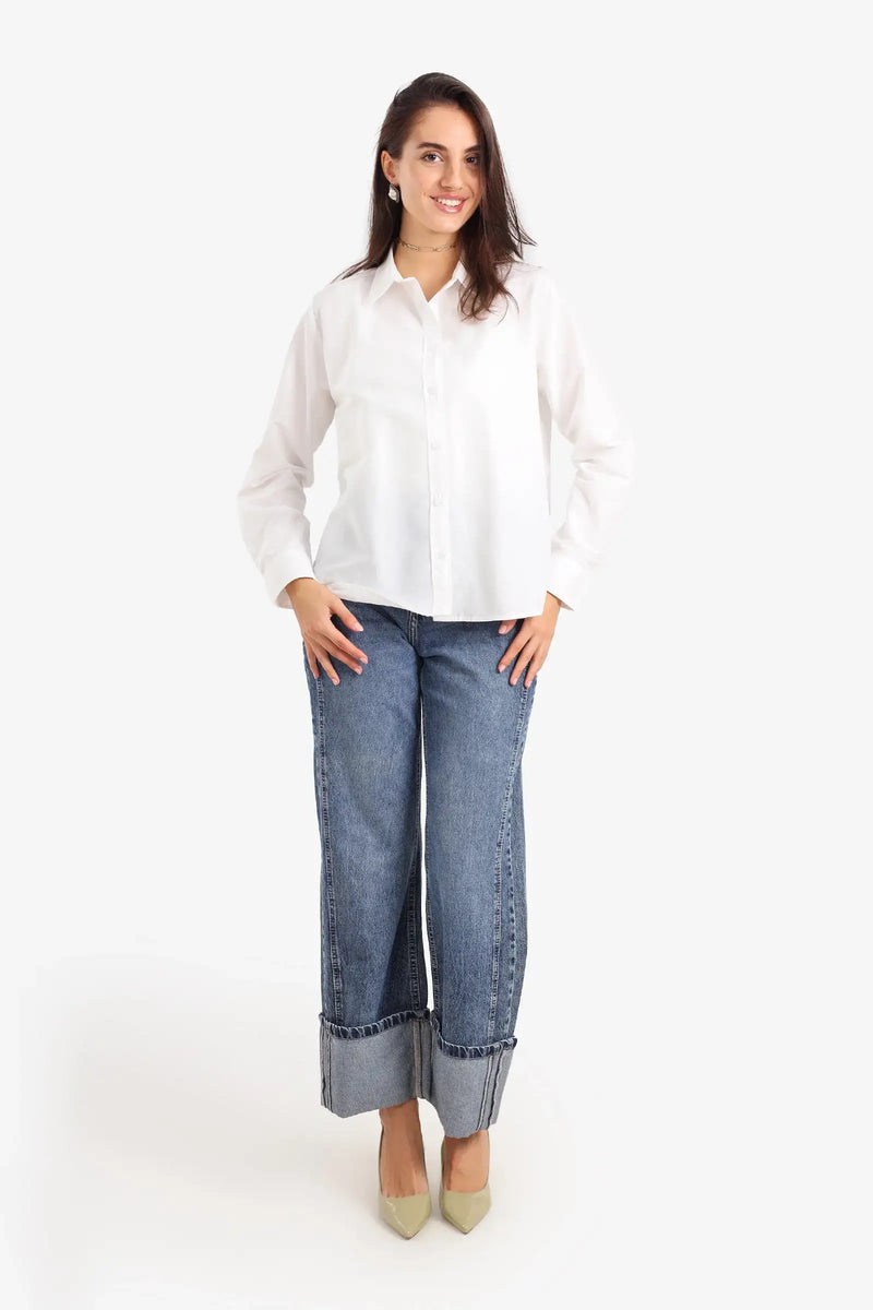 Poplin Solid Asymmetric Hem Shirt – Off White