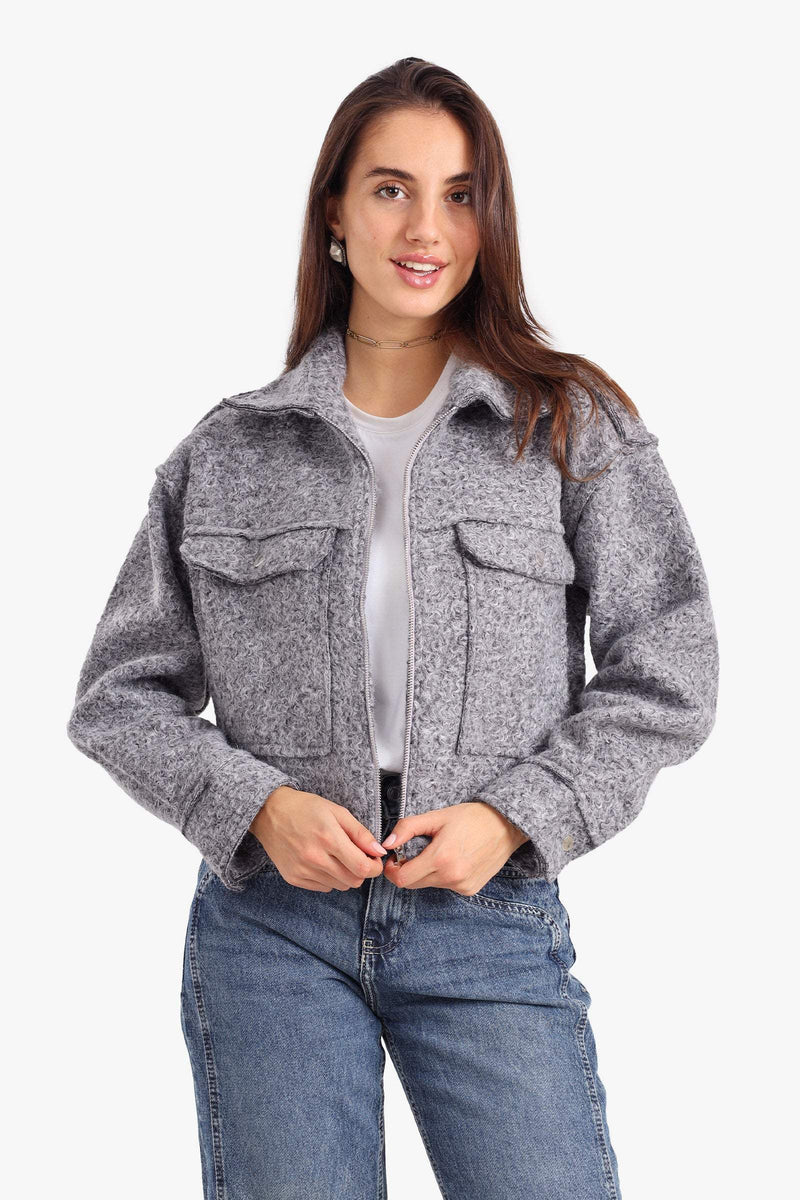 Fleece Solid Cropped Jacket – Heather Grey