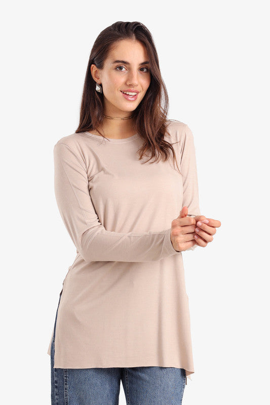 Relaxed Fit Crew Neck T-Shirt with Side Slits – Beige