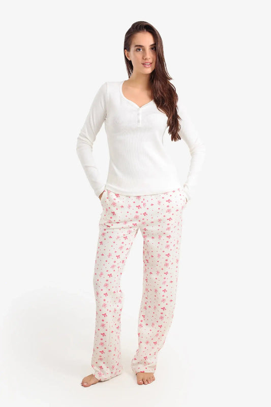 Cotton & Polyester Printed Pajama Set – White & Pink