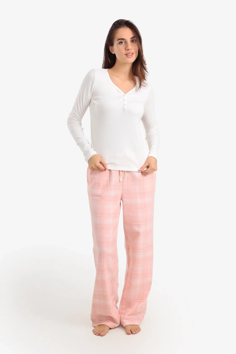 Cotton & Polyester Plaid Pajama Set – White & Light Pink