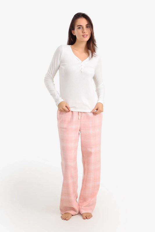 Cotton & Polyester Plaid Pajama Set – White & Light Pink