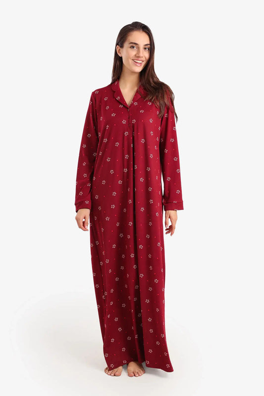 Cotton Printed Nightgown – Burgundy