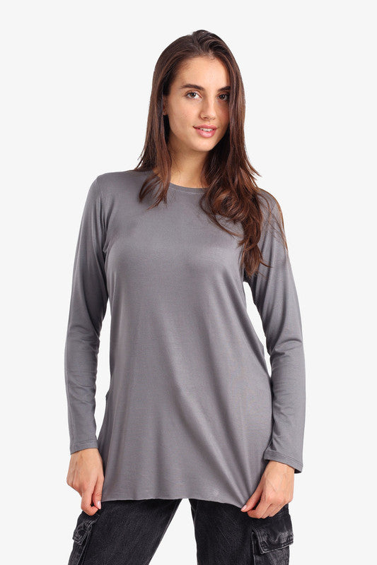 Relaxed Fit Crew Neck T-Shirt with Side Slits – Grey
