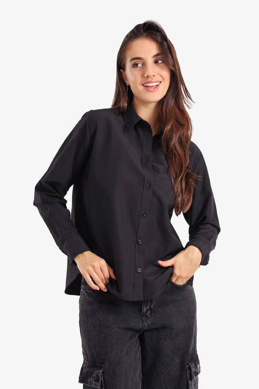 Poplin Solid Asymmetric Hem Shirt – Black