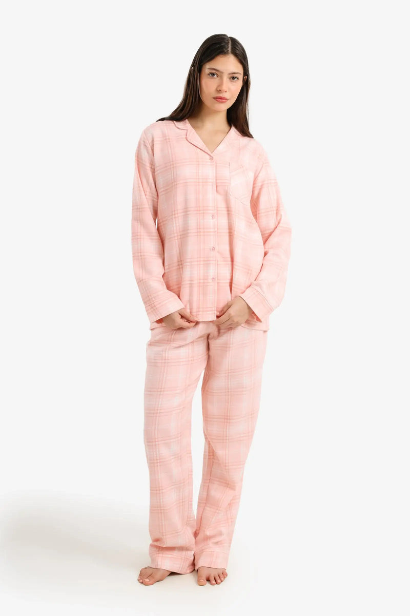Polyester Flannel Plaid Pajama Set – Light Pink