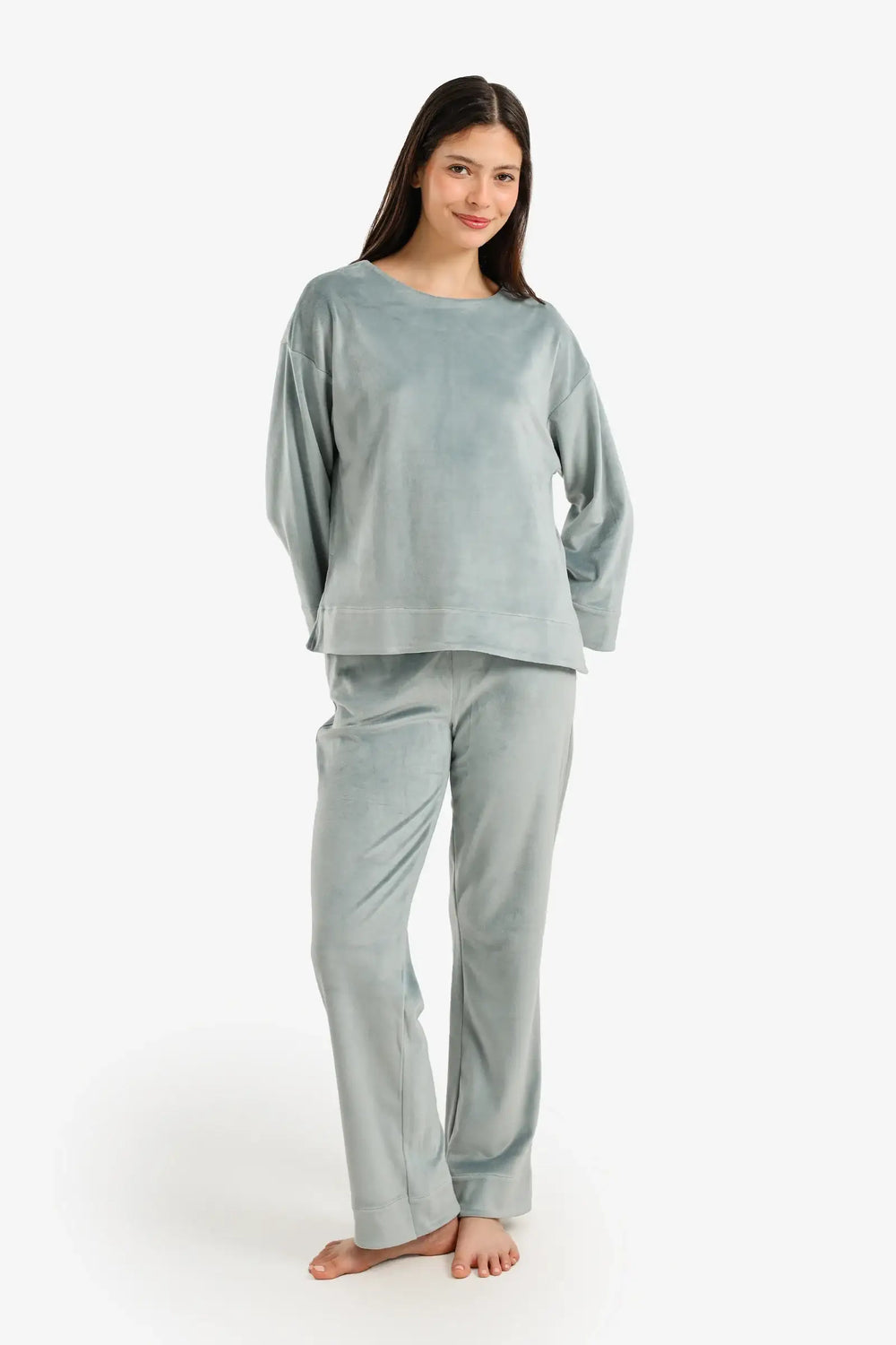 Velvet Plain Pajama Set – Light Sage