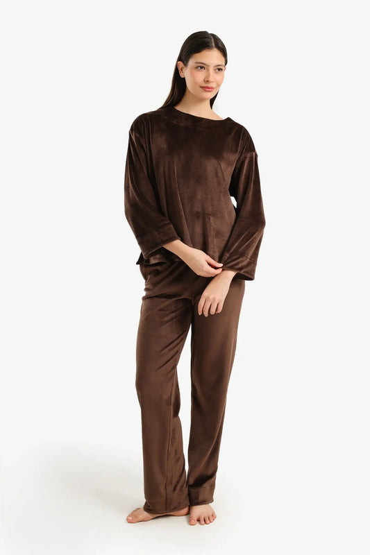 Velvet Plain Pajama Set – Dark Brown